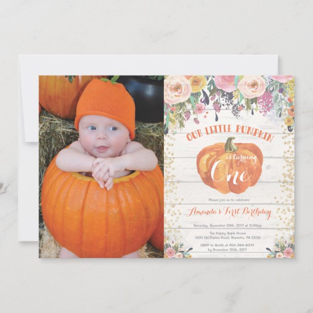 Pumpkin First Birthday Invitation Floral Gold (Front)
