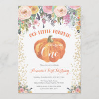 Pumpkin First Birthday Invitation Floral Gold