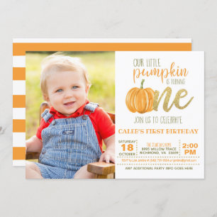 Pumpkin First Birthday Invitation for Boy w/Photo