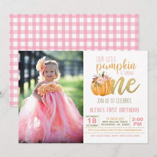 Pumpkin First Birthday Invitation for Girl w/Photo (Front/Back)