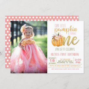 Pumpkin First Birthday Invitation for Girl w/Photo