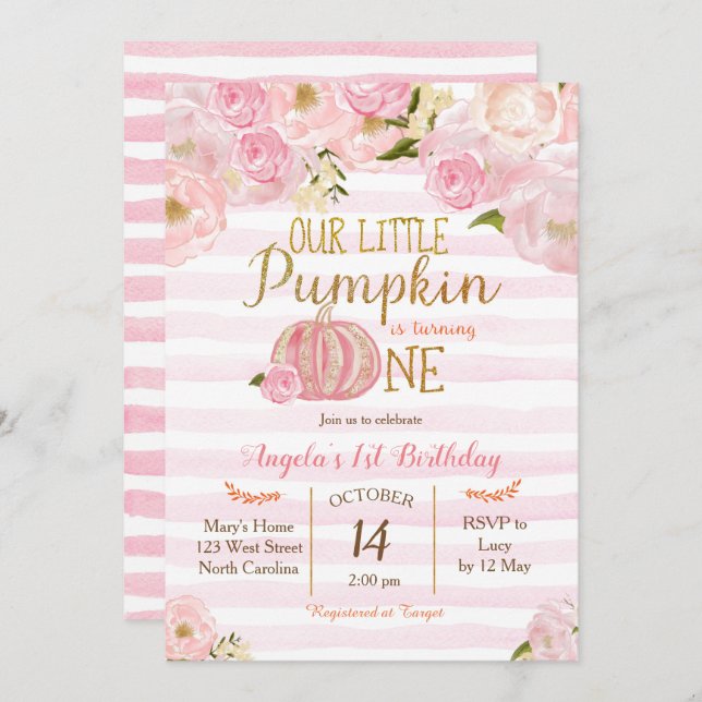Pumpkin First Birthday Invitation Girl (Front/Back)
