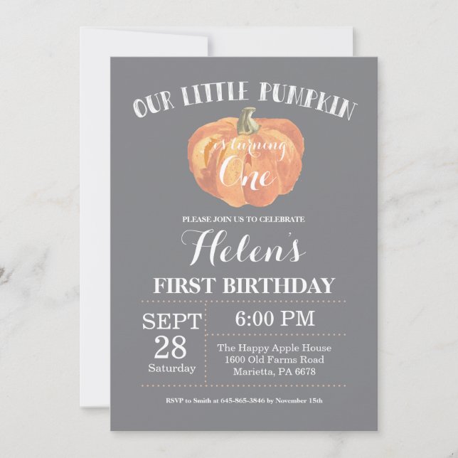 Pumpkin First Birthday Invitation Grey (Front)