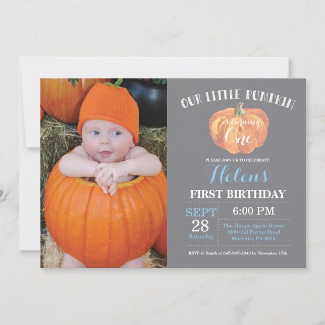 Pumpkin First Birthday Invitation Grey and Blue (Front)