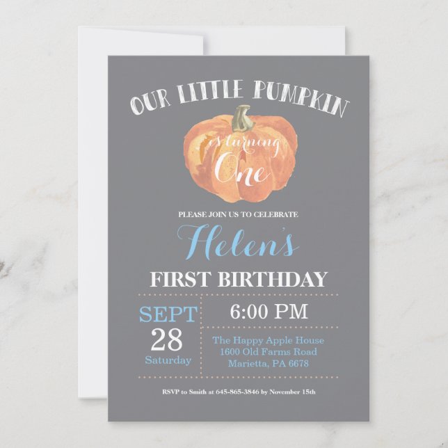 Pumpkin First Birthday Invitation Grey and Blue (Front)
