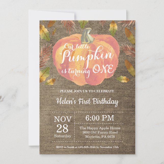 Pumpkin First Birthday Invitation Orange (Front)