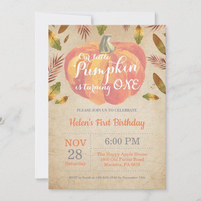Pumpkin First Birthday Invitation Orange (Front)