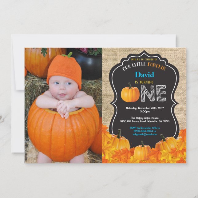 Pumpkin First Birthday Invitation Orange Burlap (Front)