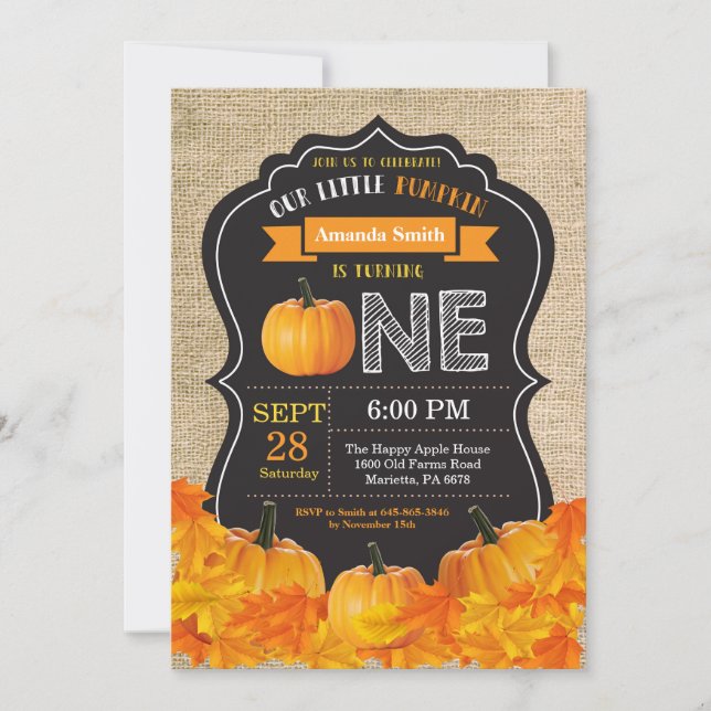 Pumpkin First Birthday Invitation Orange Burlap (Front)