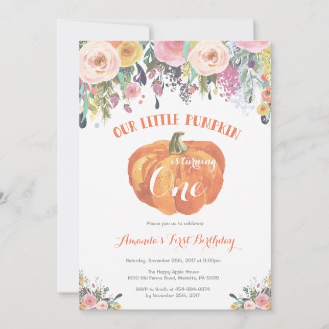 Pumpkin First Birthday Invitation Pink Floral (Front)