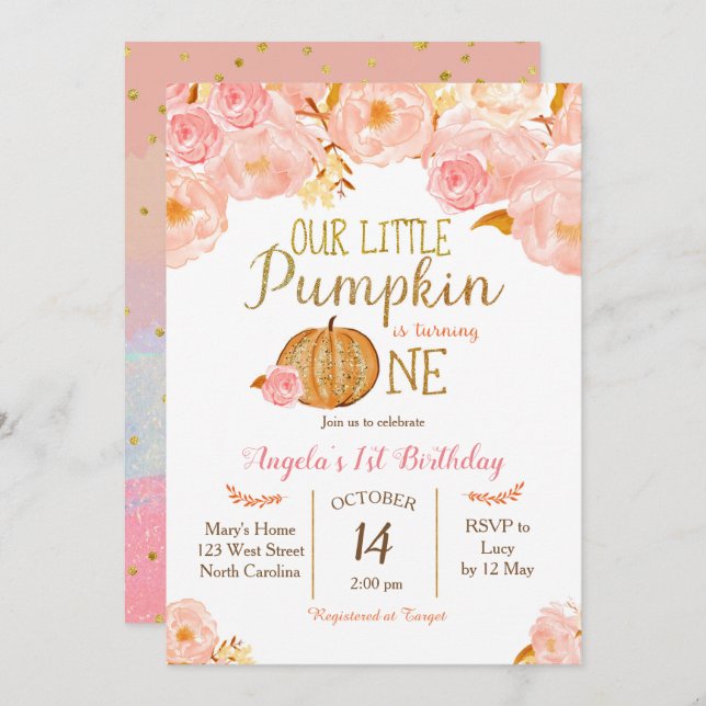 Pumpkin First Birthday Invitation Pink Peach (Front/Back)
