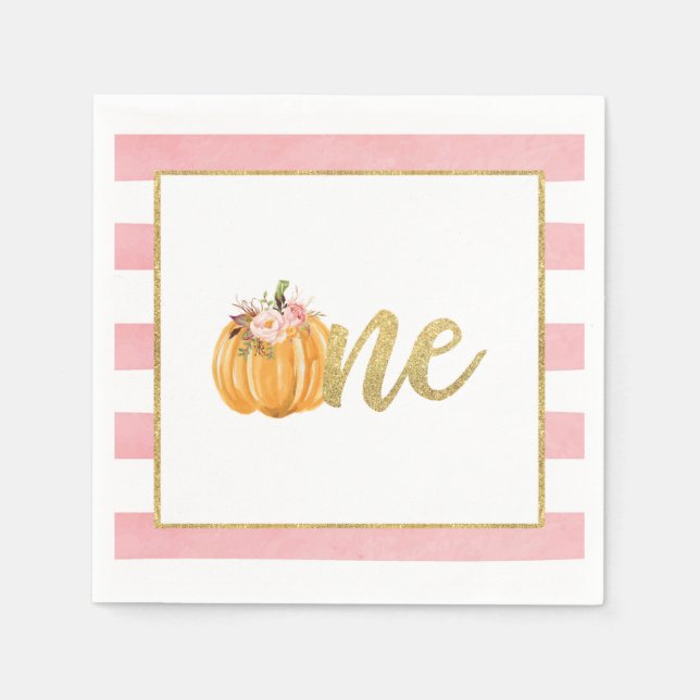 Pumpkin First Birthday Napkin - Girl Pink Stripes (Front)