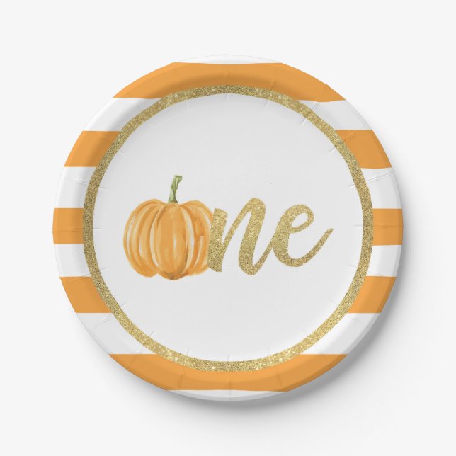 Pumpkin First Birthday Paper Plate - Orange Stripe (Front)