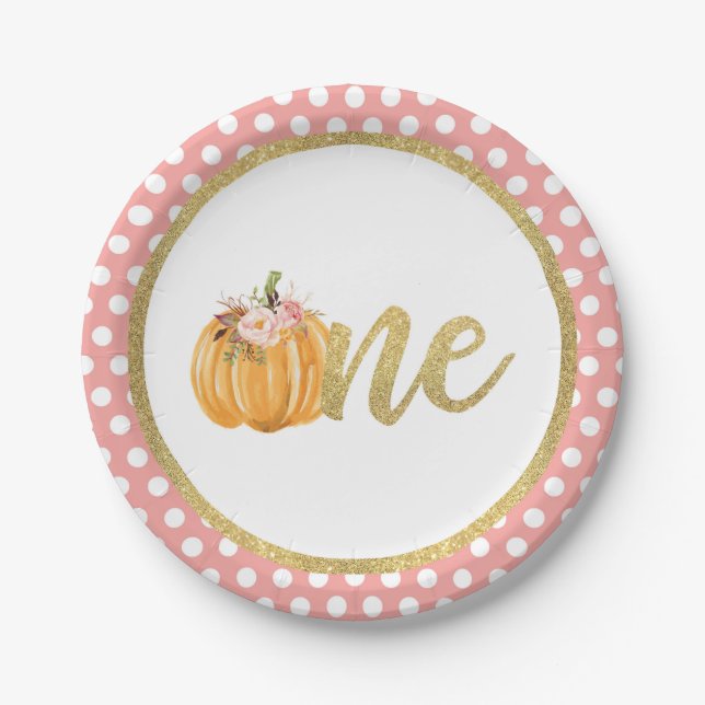 Pumpkin First Birthday Paper Plate - Pink Dots (Front)