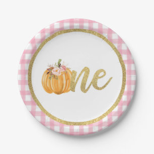Pumpkin First Birthday Paper Plate - Pink Plaid
