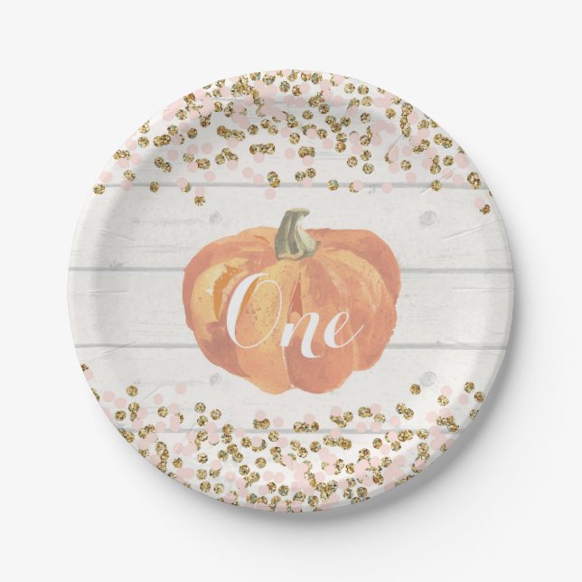 Pumpkin First Birthday Pink and Gold Paper Plates (Front)