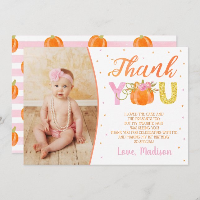 Pumpkin First Birthday Thank You Cards (Front/Back)