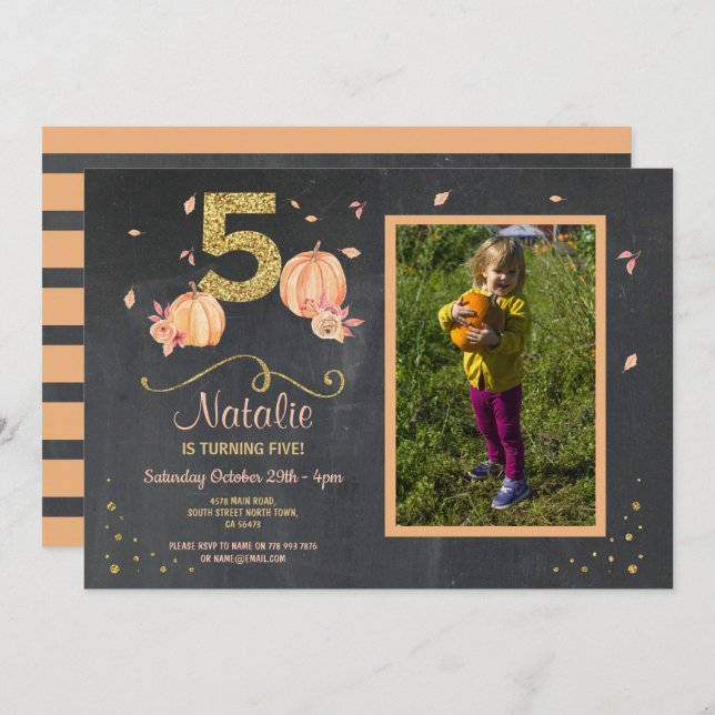 Pumpkin FIVE Birthday 5TH Fall Party Photo Invite (Front/Back)