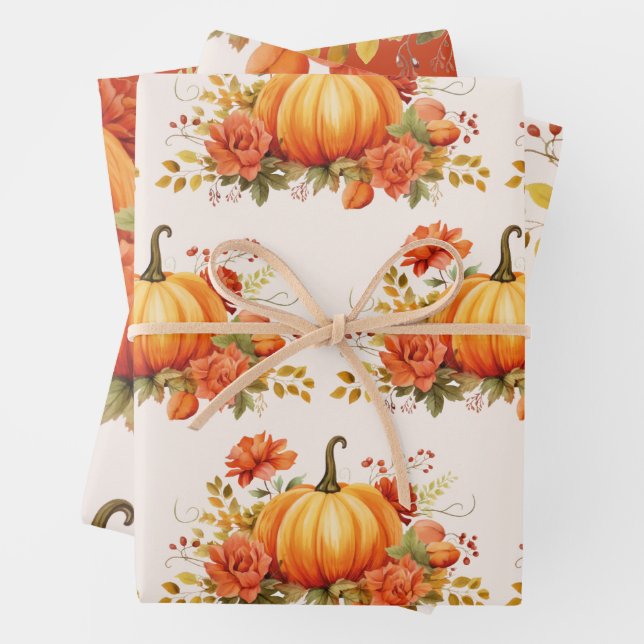 Pumpkin floral autumn leaves Fall Baby shower  Wrapping Paper Sheet (In situ)