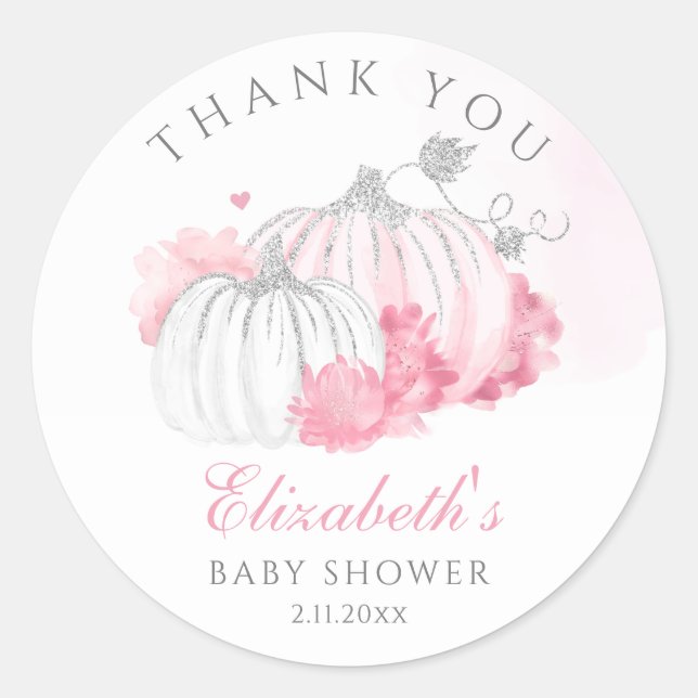 Pumpkin Floral Baby Girl Shower Thank You  Classic Round Sticker (Front)