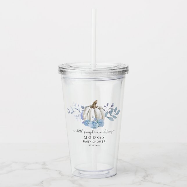 Pumpkin Floral Baby Shower Dusty Blue Acrylic Tumbler (Front)
