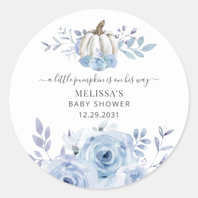 Pumpkin Floral Baby Shower Dusty Blue Classic Round Sticker (Front)