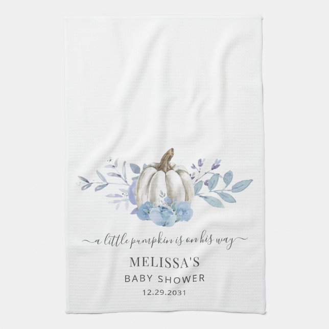 Pumpkin Floral Baby Shower Dusty Blue Tea Towel (Vertical)