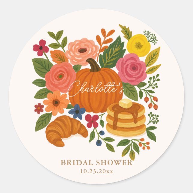 Pumpkin Floral Bridal Shower Round Sticker (Front)