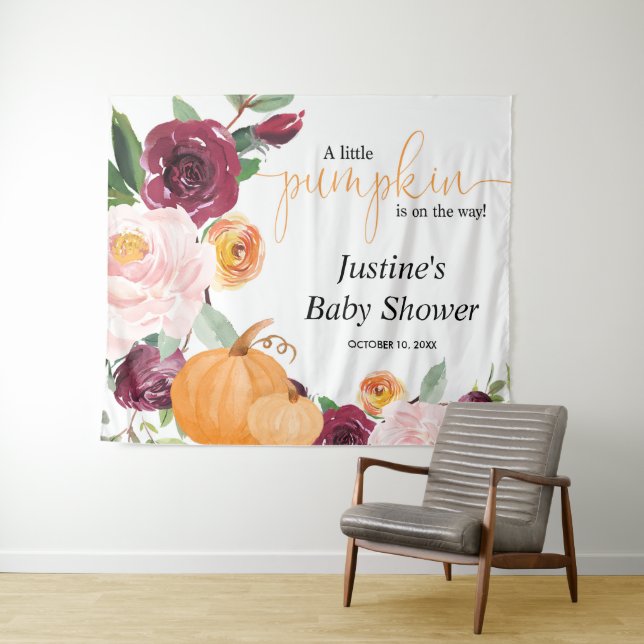 Pumpkin floral fall baby shower backdrop sign tapestry (In Situ (Horizontal))
