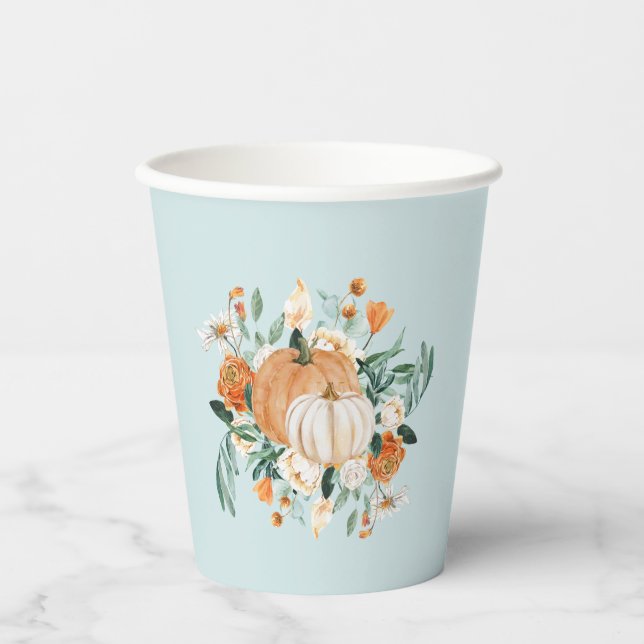 Pumpkin Floral Fall Colours Blue, Paper Cups (Front)