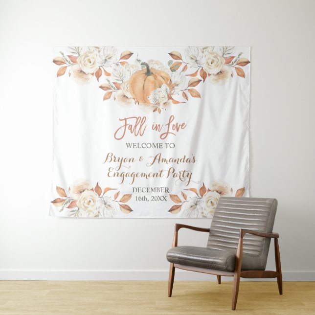 Pumpkin Floral Fall in Love Engagement Party Tapestry (In Situ (Horizontal))