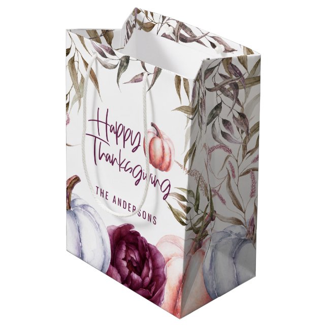 pumpkin floral fall thanksgiving party medium gift bag (Back Angled)