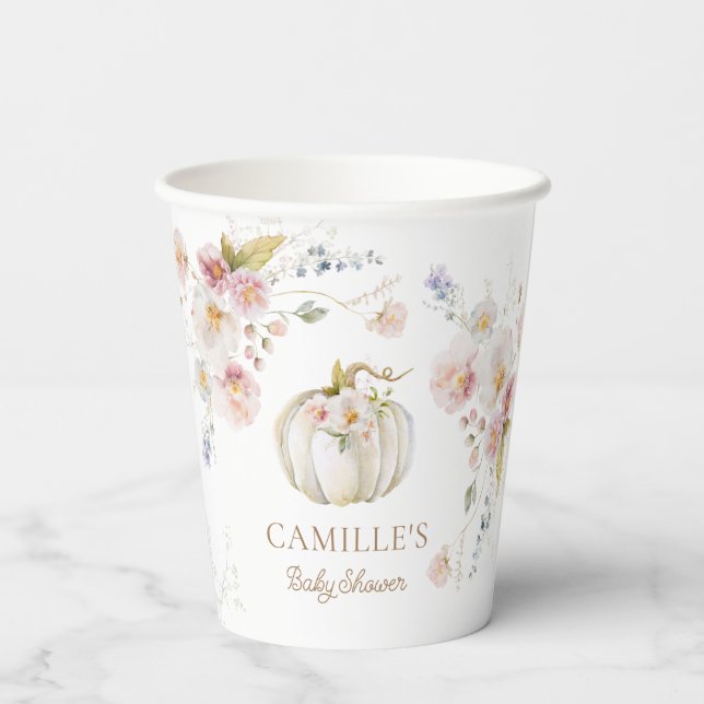 Pumpkin Floral Girl Baby Shower Paper Cups (Back)