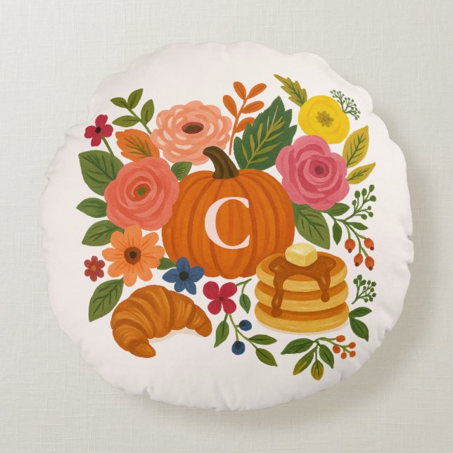Pumpkin Floral Monogram Round Pillow Fall (Front)