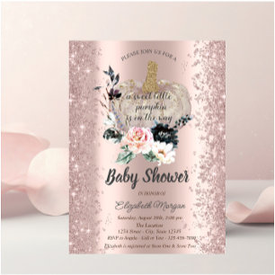 Pumpkin,Floral,Rose Gold Sparkle Baby Shower Invitation