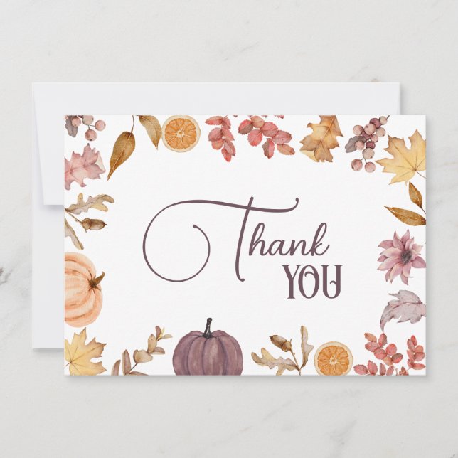 Pumpkin Floral, Rustic Shower, Birthday Thank You Card (Front)