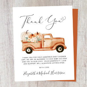 Pumpkin Floral Truck Baby Shower Thank You Card