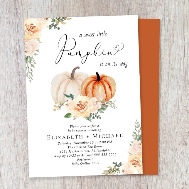 Pumpkin Floral Watercolor Couples Baby Shower Invitation (Celebrate the upcoming arrival of your sweet autumn baby with a pumpkin-themed couple's baby shower)