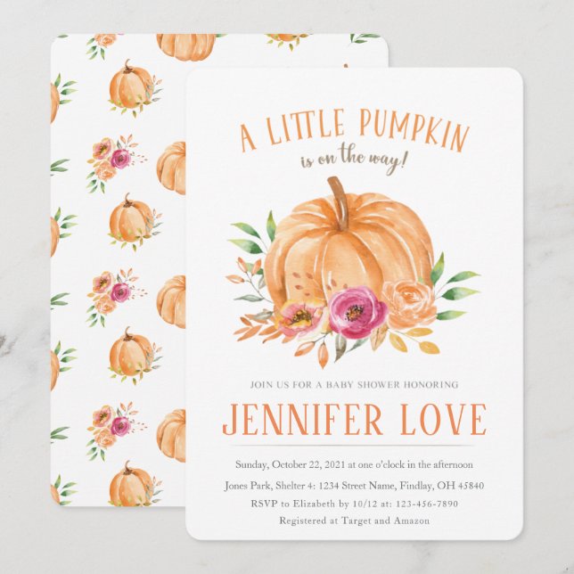 Pumpkin Floral Watercolor Fall Baby Shower Invitation (Front/Back)