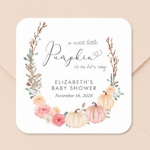 Pumpkin Floral Watercolor Girl Baby Shower Square Sticker