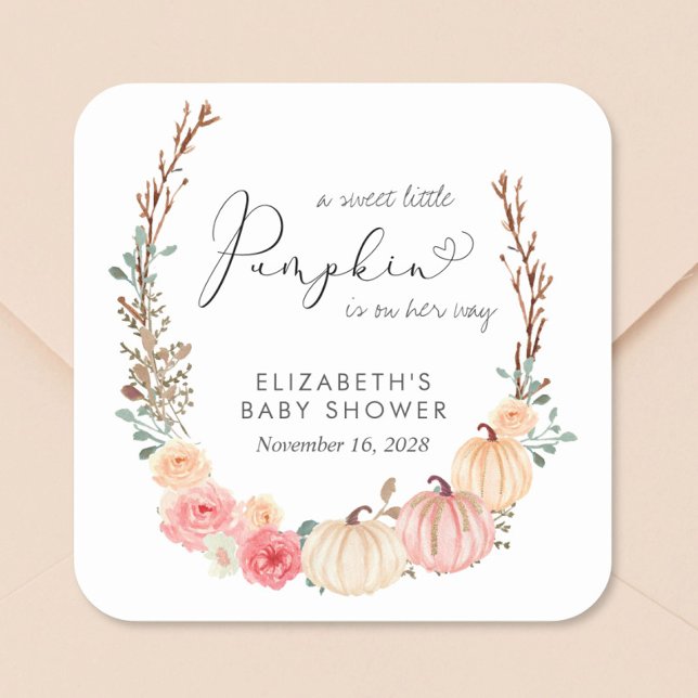 Pumpkin Floral Watercolor Girl Baby Shower Square Sticker (Creator Uploaded)