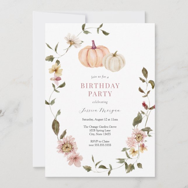 Pumpkin Floral Wreath Birthday  Invitation (Front)