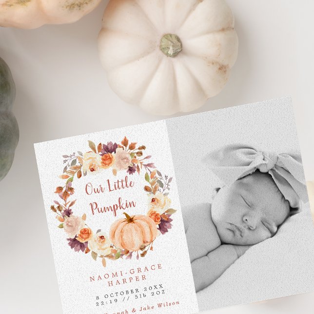 Pumpkin Floral Wreath Photo Birth Announcement (Creator Uploaded)