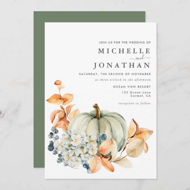 Pumpkin & Florals Wedding Invitation Fall Colours (Front/Back)
