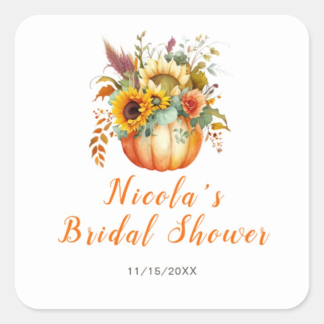 Pumpkin Flower Bouquet Bridal Shower Square Sticker (Front)