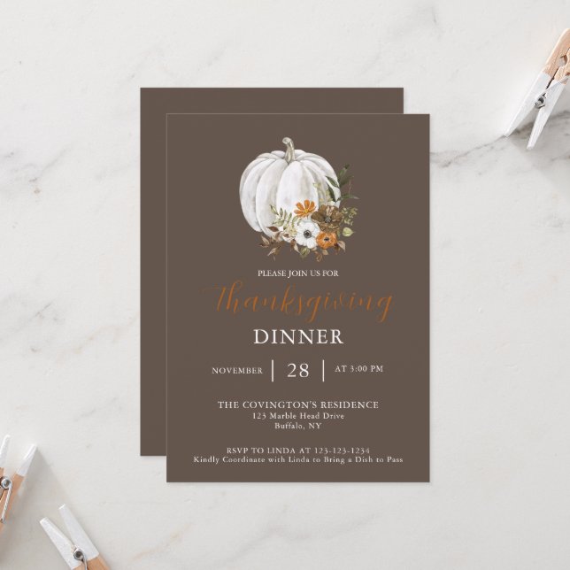 Pumpkin Flower Thanksgiving Dinner Invitation (Front/Back In Situ)
