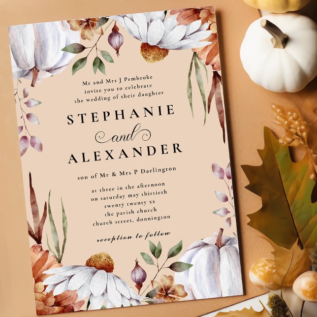 Pumpkin & Flower White & Beige Autumn Wedding  Invitation (Creator Uploaded)