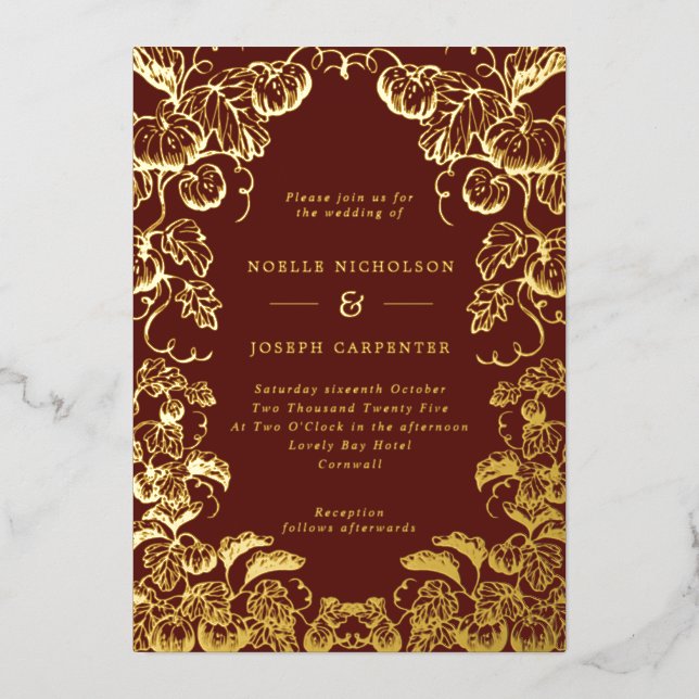 Pumpkin Frame Fall Wedding Burgundy & Gold Foil (Front)