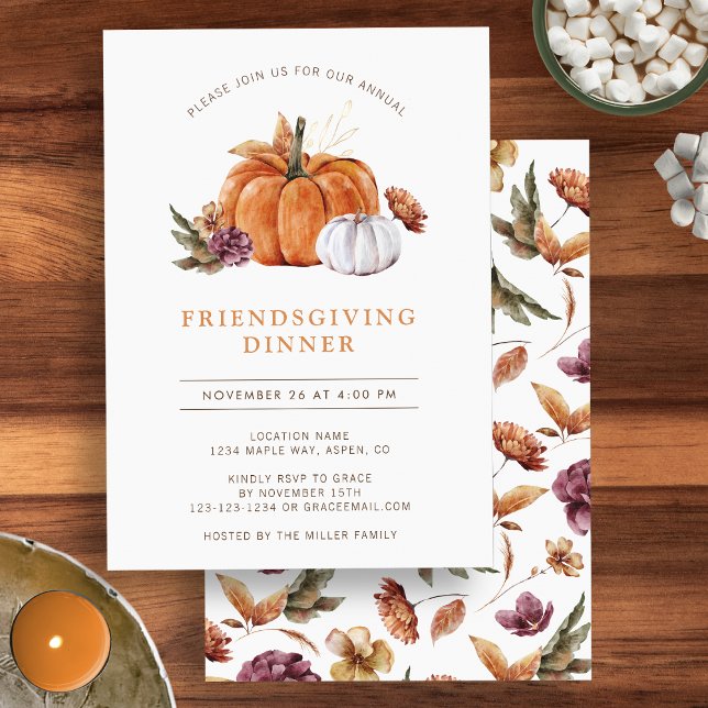 Pumpkin Friendsgiving Invitation (Watercolor autumn floral pumpkin Friendsgiving dinner party invitation by Painted Paperie
)
