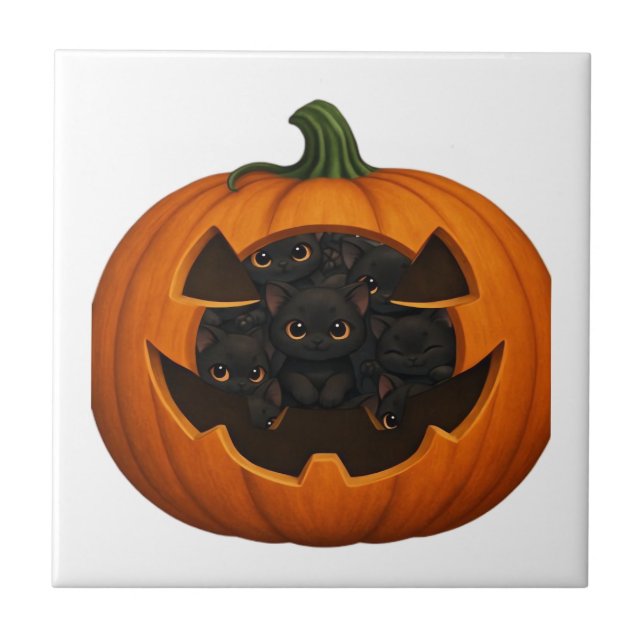 Pumpkin Full of Kittens - Cute Black Cat Halloween Tile (Front)